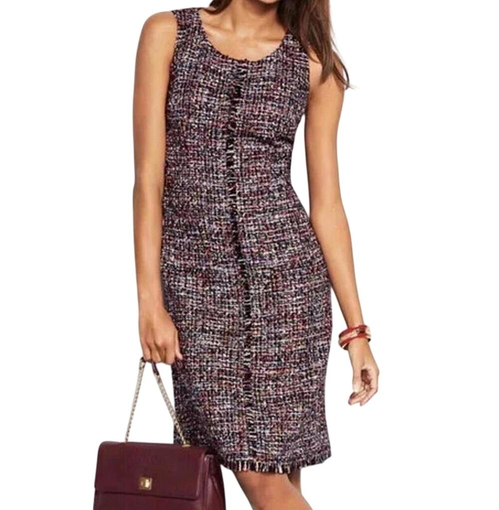 Talbots Wool Blend Tweed Distressed Fringe Sleeveless Dress Preppy Grunge Indie